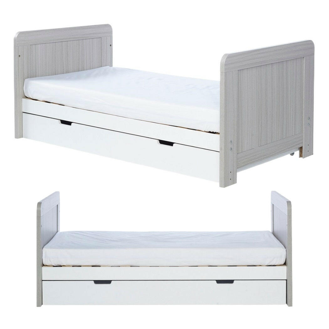 Ickle Bubba Pembrey Cot Bed & Drawer - Ash Grey & White - front and side views, toddler/junior bed