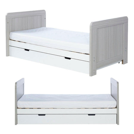 Ickle Bubba Pembrey Cot Bed & Drawer - Ash Grey & White - front and side views, toddler/junior bed