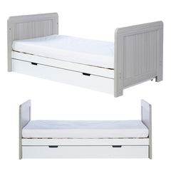 Ickle Bubba Pembrey Cot Bed & Drawer - Ash Grey & White - front and side views, toddler/junior bed