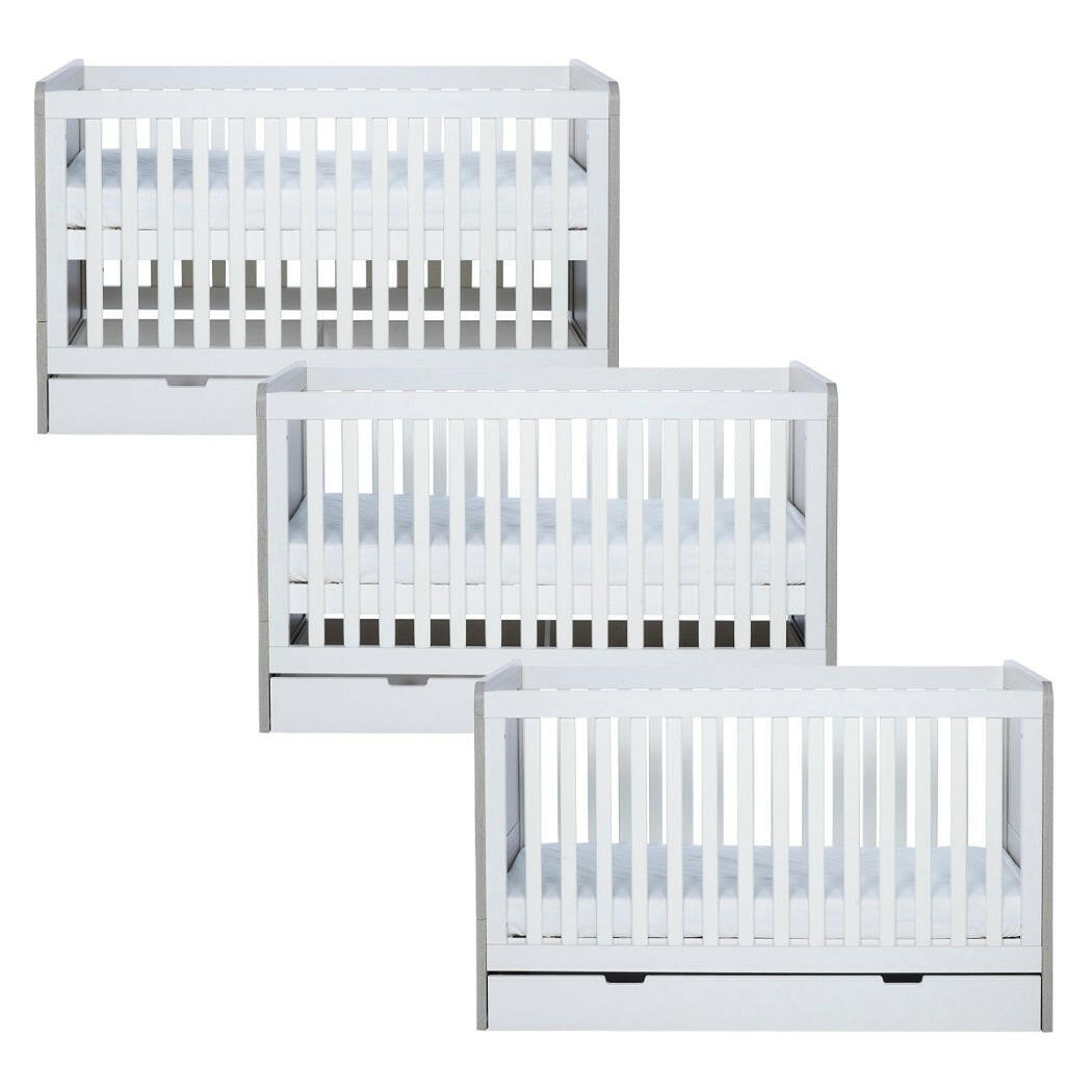 Ickle Bubba Pembrey Cot Bed & Drawer - Ash Grey & White - side views, mattress base at all three levels