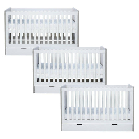 Ickle Bubba Pembrey Cot Bed & Drawer - Ash Grey & White - side views, mattress base at all three levels