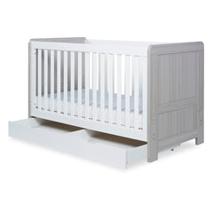 Ickle Bubba Pembrey Cot Bed & Drawer - Ash Grey & White - quarter view, with under drawer pulled out