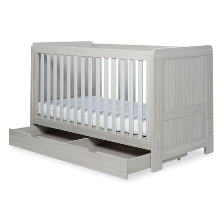 Ickle Bubba Pembrey Cot Bed & Drawer - Ash Grey - quarter view, with under drawer pulled out