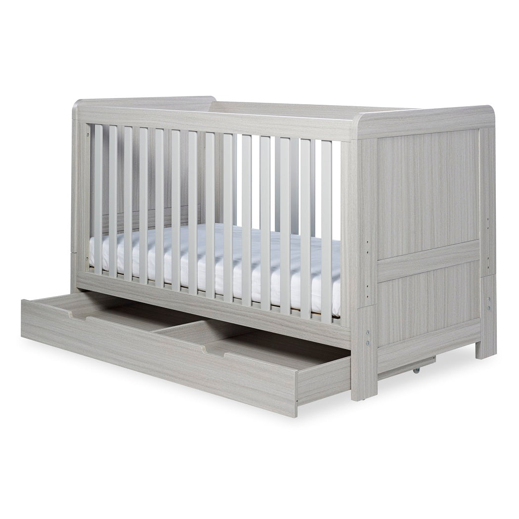 Ickle Bubba Pembrey Cot Bed & Under Drawer - Ash Grey - with drawer opened
