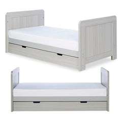 Ickle Bubba Pembrey Cot Bed & Drawer - Ash Grey - front and side views, toddler/junior bed