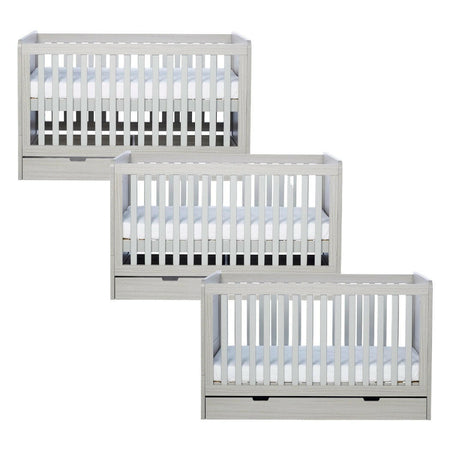 Ickle Bubba Pembrey Cot Bed & Drawer - Ash Grey - side views, mattress base at all three levels