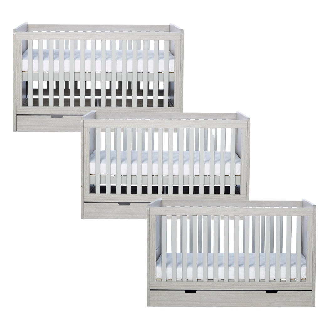 Ickle Bubba Pembrey Cot Bed & Under Drawer - Ash Grey - showing its three mattress base heights