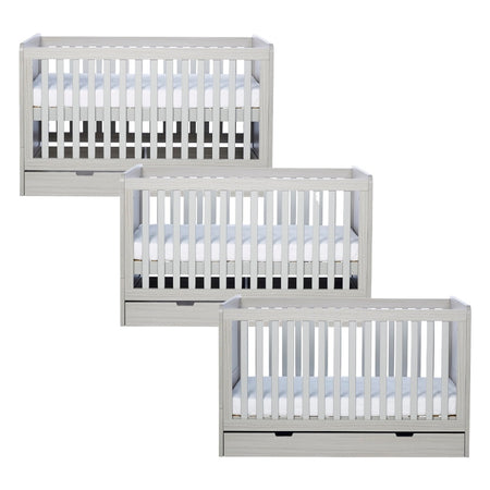 Ickle Bubba Pembrey Cot Bed & Under Drawer - Ash Grey - showing its three mattress base heights