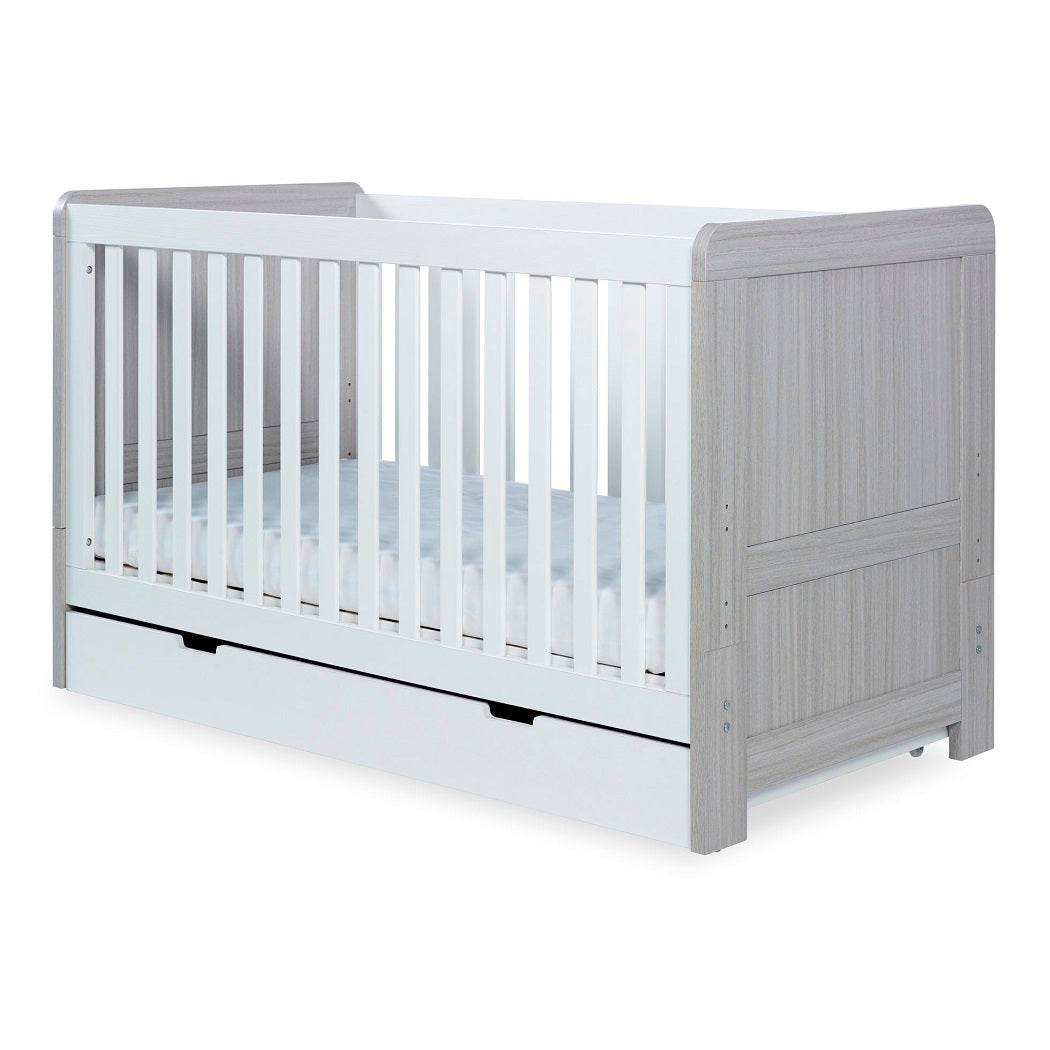Ickle Bubba Pembrey Cot Bed & Under Drawer - Ash Grey White (mattress not included)