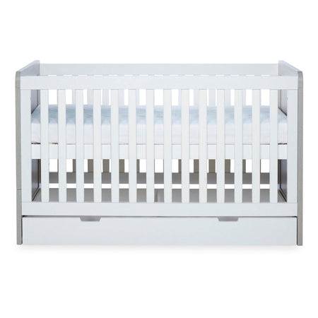 Ickle Bubba Pembrey Cot Bed & Under Drawer - Ash Grey White - with mattress base at its highest level