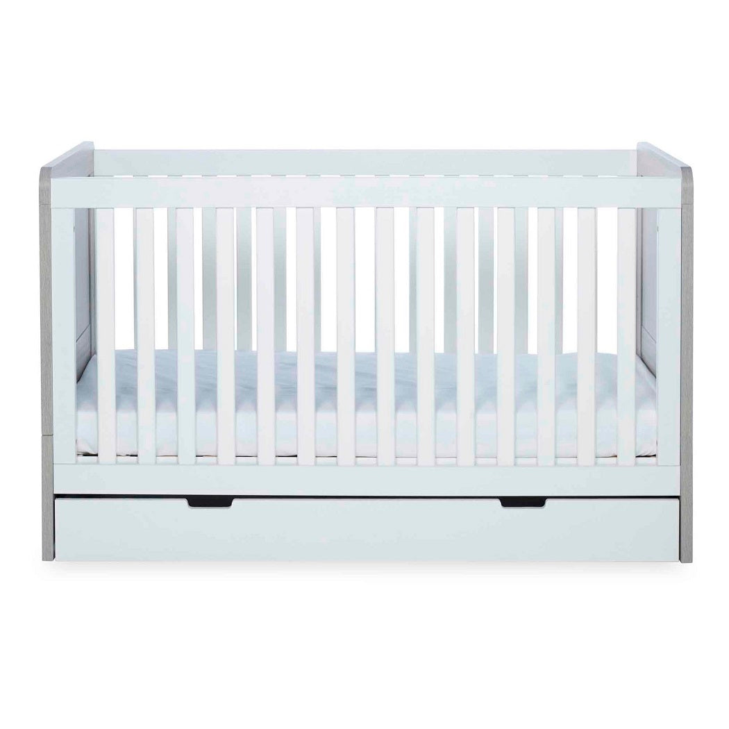Ickle Bubba Pembrey Cot Bed & Under Drawer - Ash Grey White - with mattress base at its lowest level