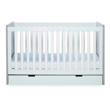 Ickle Bubba Pembrey Cot Bed & Under Drawer - Ash Grey White - with mattress base at its lowest level