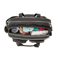 Bizzi Grownin Travel Crib Changing Bag - The POD® (Chelsea Black) - showing the bag`s internal storage (contents not included)