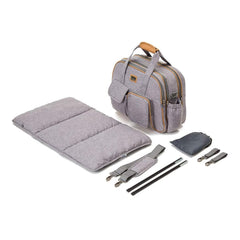 Bizzi Growin Baby Travel Crib Changing Bag - The POD® (Windsor Grey) - showing the bag and its included items