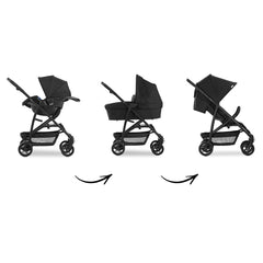 Hauck Rapid 4 TrioSet (Black) - showing the car seat, carrycot and seat unit fixed onto the chassis