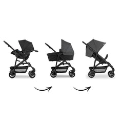 Hauck Rapid 4 TrioSet (Grey) - showing the car seat, carrycot and seat unit fixed onto the chassis