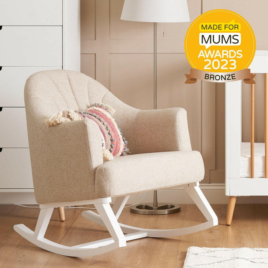 Obaby Round Back Rocking Chair (White with Oatmeal) - lifestyle image, shown here with its accredited `Made for Mums - 2023 Bronze Award`