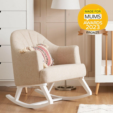 Obaby Round Back Rocking Chair (White with Oatmeal) - lifestyle image, shown here with its accredited `Made for Mums - 2023 Bronze Award`