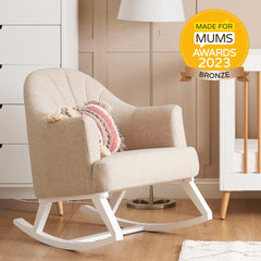 Obaby Round Back Rocking Chair (White with Oatmeal) - lifestyle image, shown here with its accredited `Made for Mums - 2023 Bronze Award`
