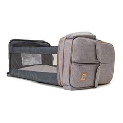 Bizzi Growin Baby Travel Crib Changing Bag - RUCPOD® (Windsor Grey) - showing the bag extended into the crib with its mesh sides