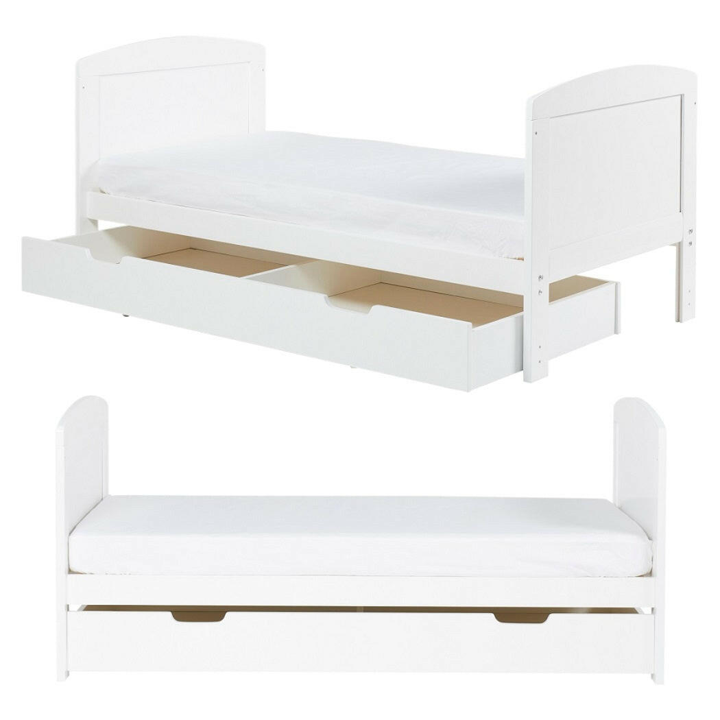 Ickle Bubba Coleby Scandi Classic Cot Bed & Under Drawer - White - front and side views, junior bed with drawer