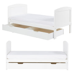 Ickle Bubba Coleby Scandi Classic Cot Bed & Under Drawer - White - front and side views, junior bed with drawer
