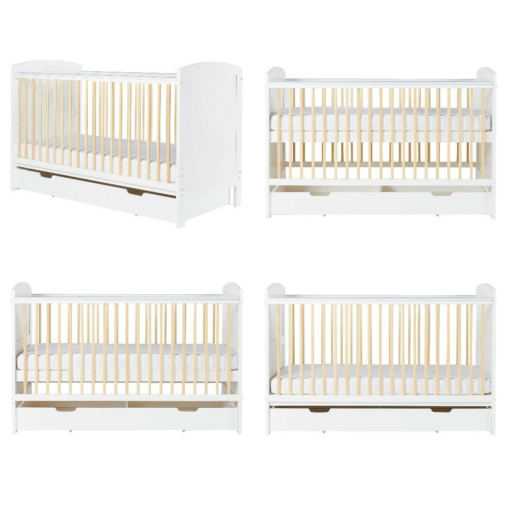 Ickle Bubba Coleby Scandi Classic Cot Bed & Under Drawer - White - side views, showing the mattress base at each of its three levels