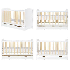 Ickle Bubba Coleby Scandi Classic Cot Bed & Under Drawer - White - side views, showing the mattress base at each of its three levels