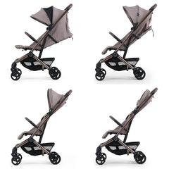 egg Sky Cabin Approved Travel Stroller - Taupe - side view of various seat and hood positions