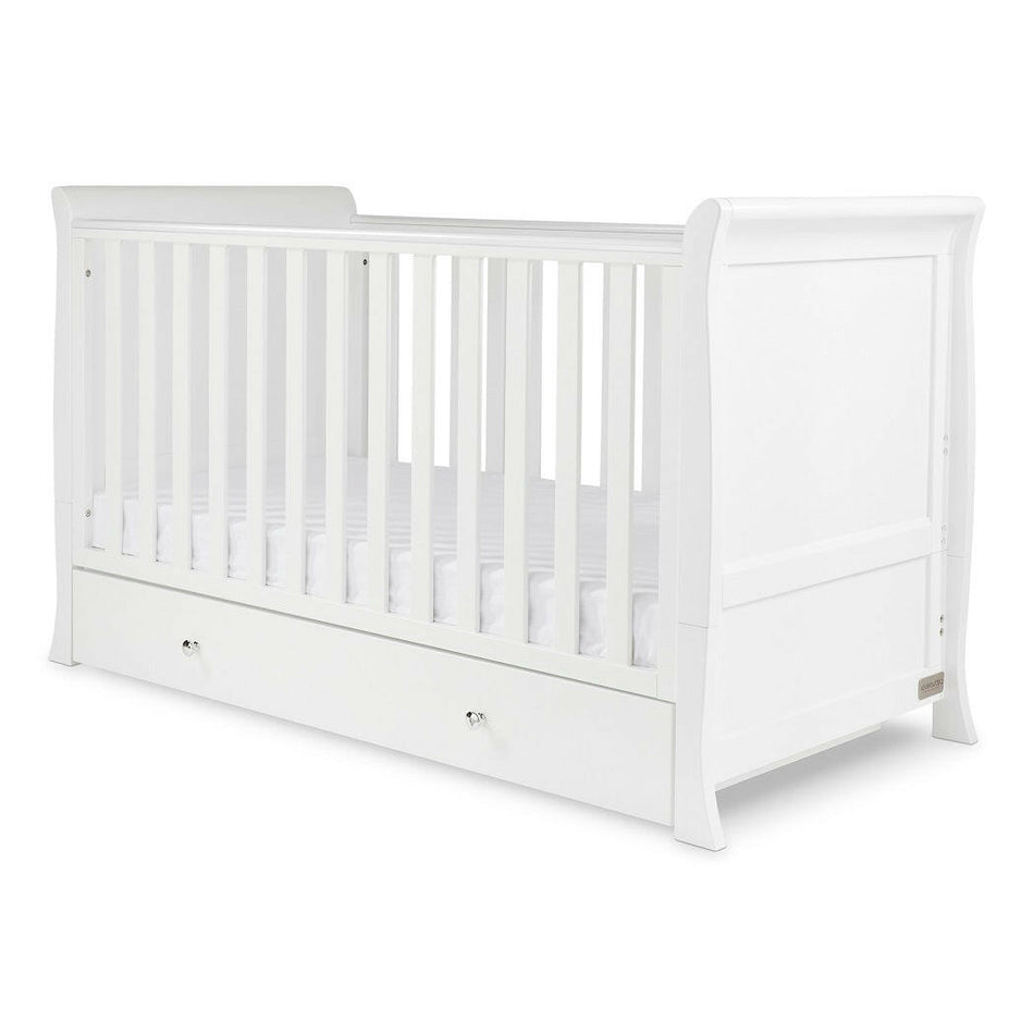 Ickle Bubba Snowdon Classic Cot Bed & Drawer - White - quarter view (mattress not included, available separately)