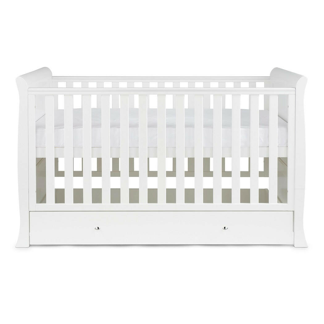 Ickle Bubba Snowdon Classic Cot Bed & Drawer - White - side view, with mattress base at highest level