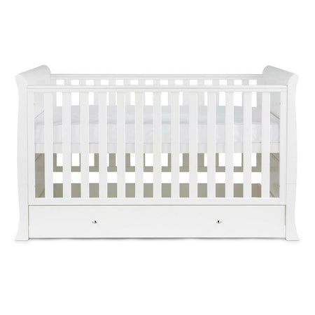 Ickle Bubba Snowdon Classic Cot Bed & Drawer - White - side view, with mattress base at highest level