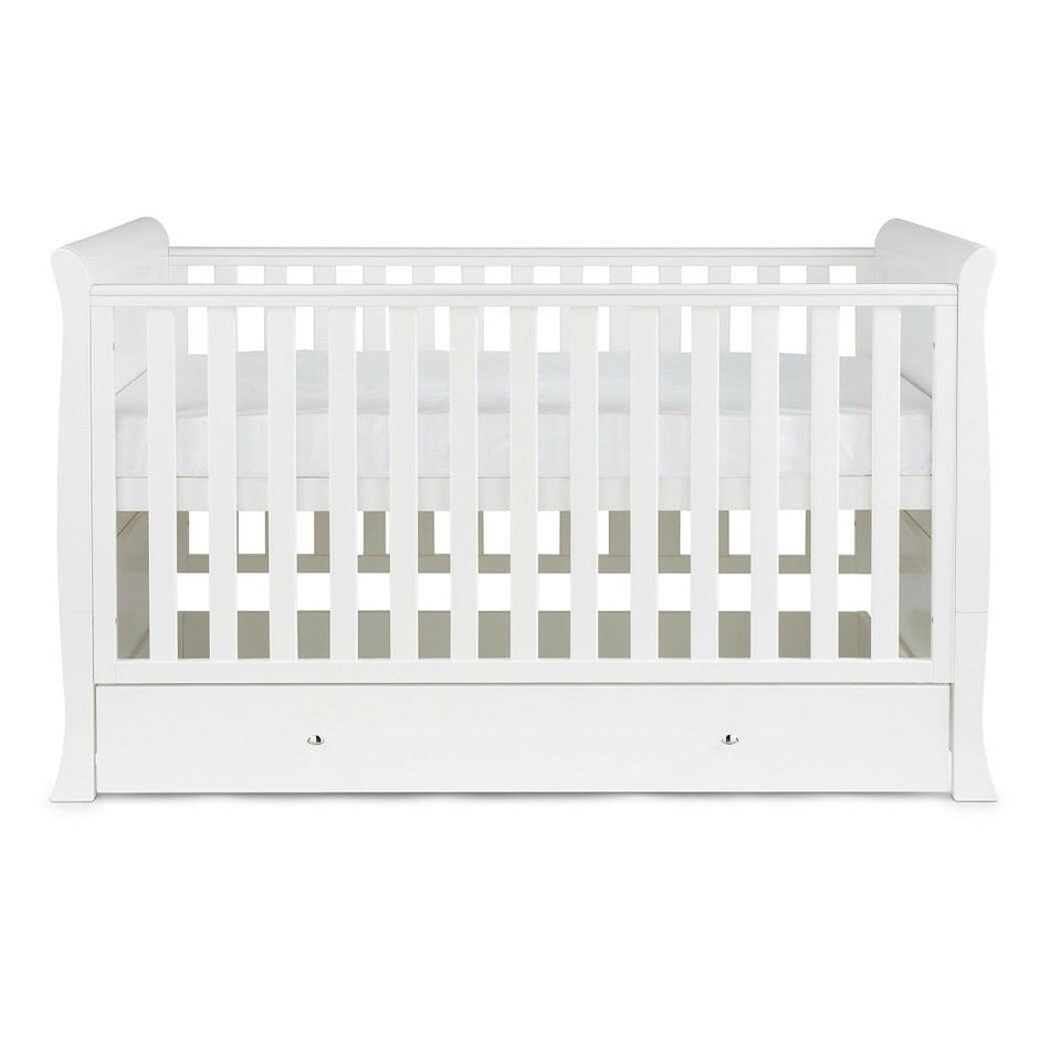 Ickle Bubba Snowdon Classic Cot Bed & Drawer - White - side view, with mattress base at highest level