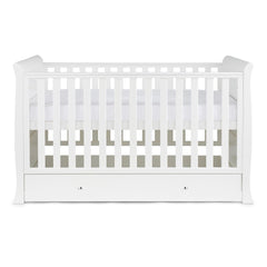 Ickle Bubba Snowdon Classic Cot Bed & Drawer - White - side view, with mattress base at highest level