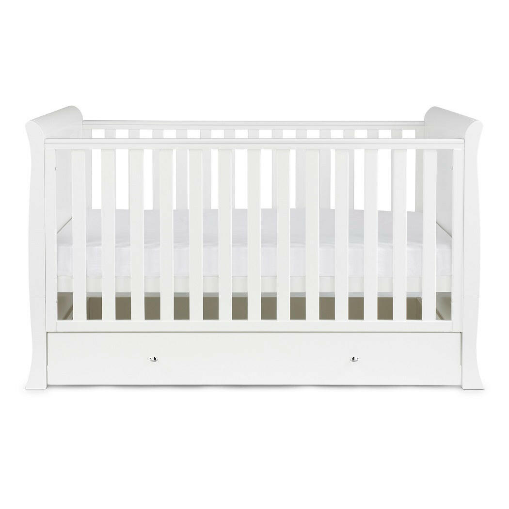 Ickle Bubba Snowdon Classic Cot Bed & Drawer - White - side view, with mattress base at middle level