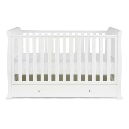Ickle Bubba Snowdon Classic Cot Bed & Drawer - White - side view, with mattress base at middle level