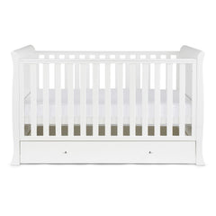 Ickle Bubba Snowdon Classic Cot Bed & Drawer - White - side view, with mattress base at middle level