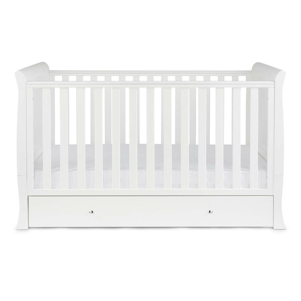 Ickle Bubba Snowdon Classic Cot Bed & Drawer - White - side view, with mattress base at lowest level