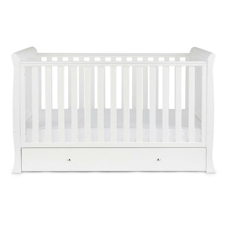 Ickle Bubba Snowdon Classic Cot Bed & Drawer - White - side view, with mattress base at lowest level