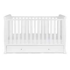 Ickle Bubba Snowdon Classic Cot Bed & Drawer - White - side view, with mattress base at lowest level