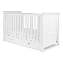 Ickle Bubba Snowdon Classic Cot Bed & Drawer - White - quarter view (mattress not included, available separately)