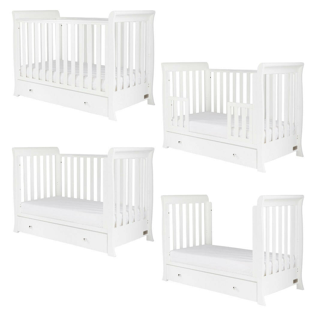 Ickle Bubba Snowdon MINI 4-in-1 Cot Bed & Drawer - White - quarter view, four different configurations