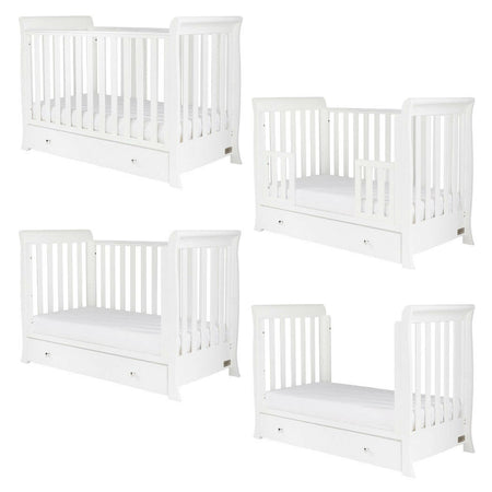 Ickle Bubba Snowdon MINI 4-in-1 Cot Bed & Drawer - White - quarter view, four different configurations