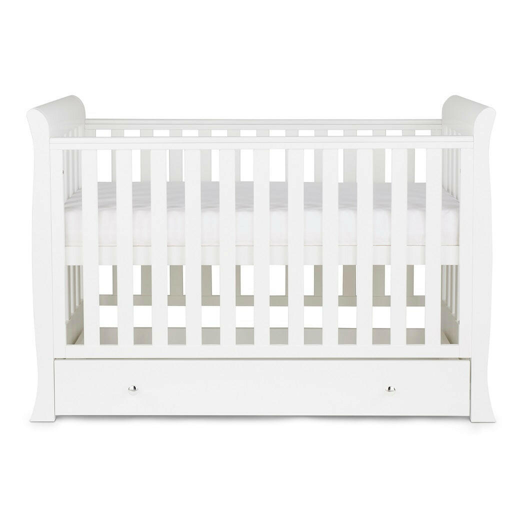 Ickle Bubba Snowdon MINI 4-in-1 Cot Bed & Drawer - White - side view, with mattress base at highest level