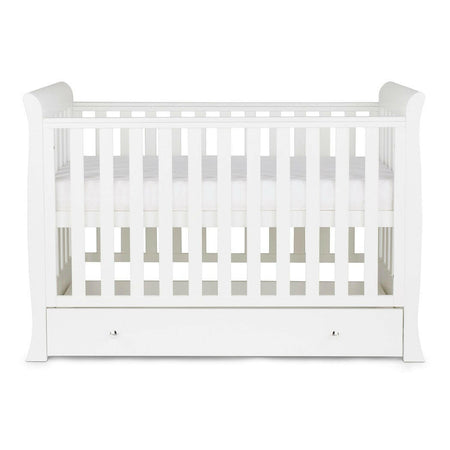 Ickle Bubba Snowdon MINI 4-in-1 Cot Bed & Drawer - White - side view, with mattress base at highest level