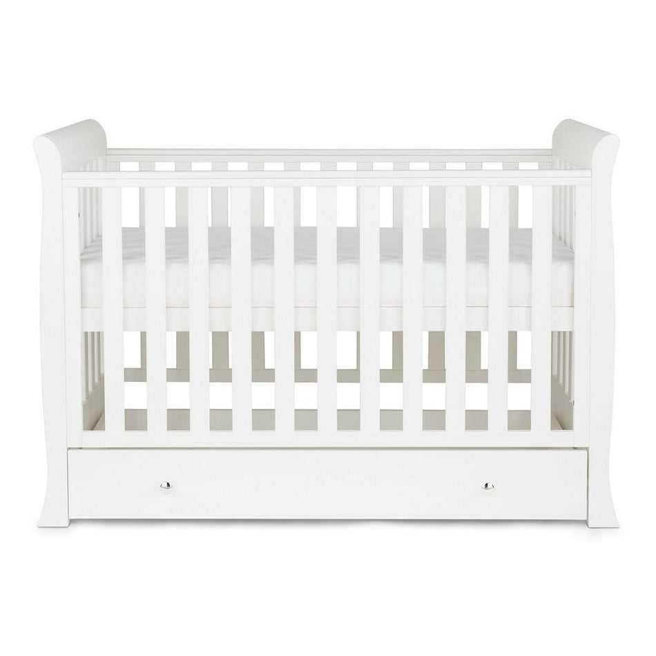 Ickle Bubba Snowdon MINI 4-in-1 Cot Bed & Drawer - White - side view, with mattress base at highest level