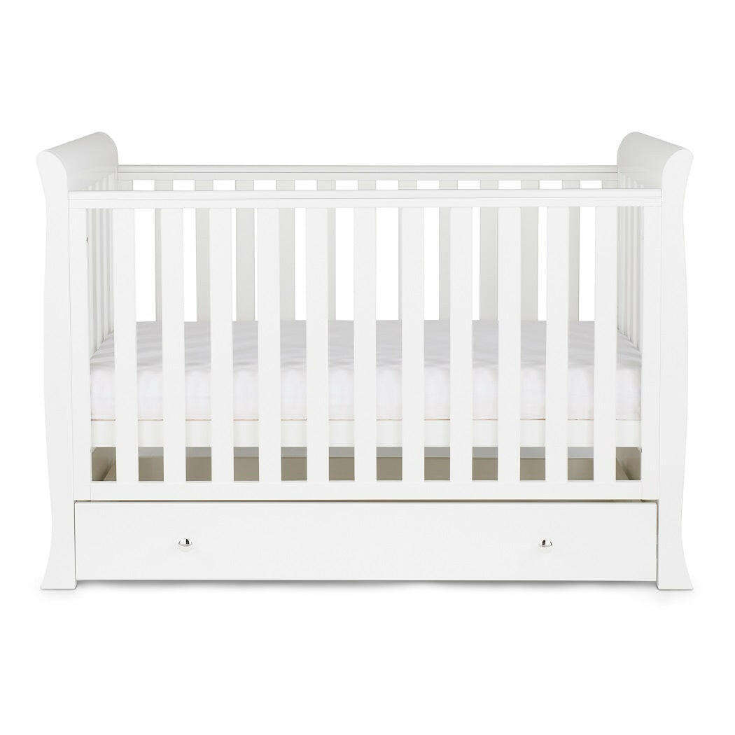 Ickle Bubba Snowdon MINI 4-in-1 Cot Bed & Drawer - White - side view, with mattress base at middle level