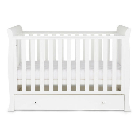 Ickle Bubba Snowdon MINI 4-in-1 Cot Bed & Drawer - White - side view, with mattress base at middle level