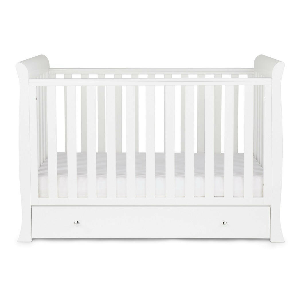 Ickle Bubba Snowdon MINI 4-in-1 Cot Bed & Drawer - White - side view, with mattress base at lowest level
