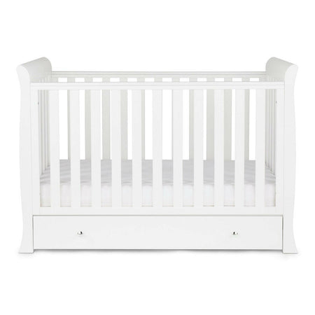 Ickle Bubba Snowdon MINI 4-in-1 Cot Bed & Drawer - White - side view, with mattress base at lowest level